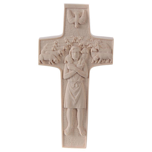 Cross with image of Pope Francis the Good Shepherd in natural wood of Valgardena 1