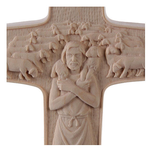 Cross with image of Pope Francis the Good Shepherd in natural wood of Valgardena 2