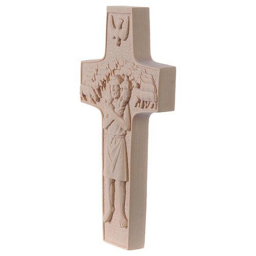 Cross with image of Pope Francis the Good Shepherd in natural wood of Valgardena 3