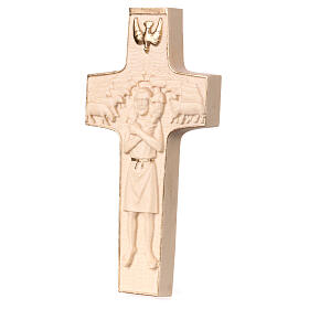 Cross with image of Pope Francis the Good Shepherd in wood and wax with gold thread Valgardena
