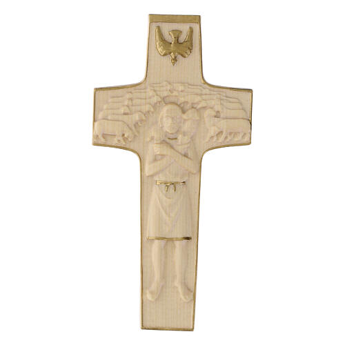 Cruz Papa Francisco Buen Pastor madera Val Gardena encerada hilo oro 1