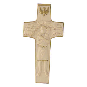 Cross with image of Pope Francis the Good Shepherd in wood and wax with gold thread Valgardena
