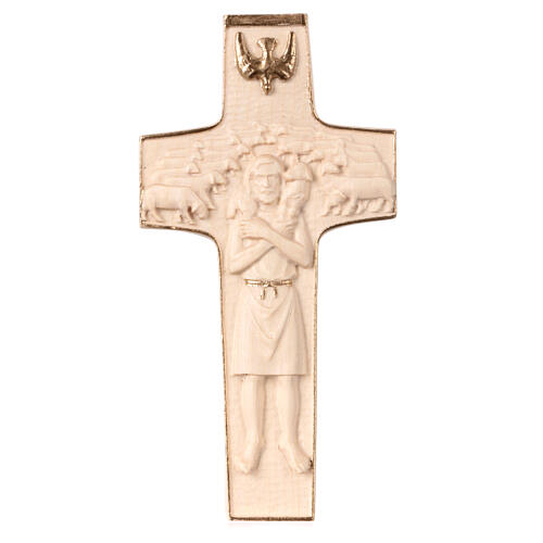 Cross with image of Pope Francis the Good Shepherd in wood and wax with gold thread Valgardena 1