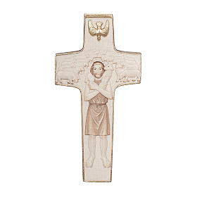Cross with image of Pope Francis the Good Shepherd in wood burnished in 3 colours Valgardena
