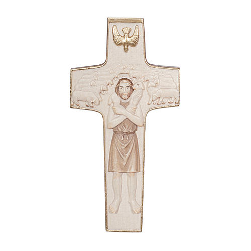 Cross with image of Pope Francis the Good Shepherd in wood burnished in 3 colours Valgardena 1