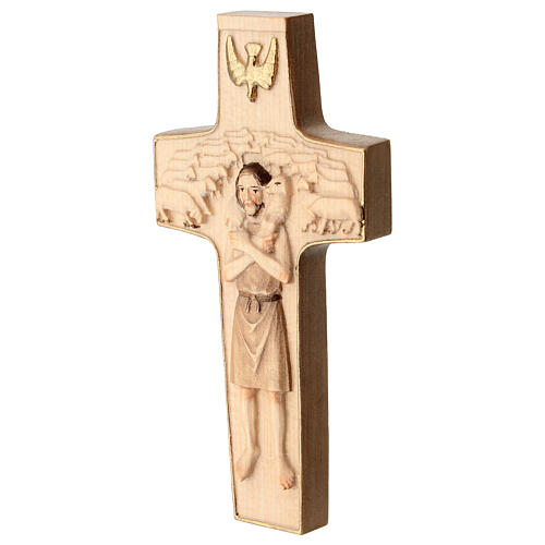 Cross with image of Pope Francis the Good Shepherd in wood burnished in 3 colours Valgardena 2