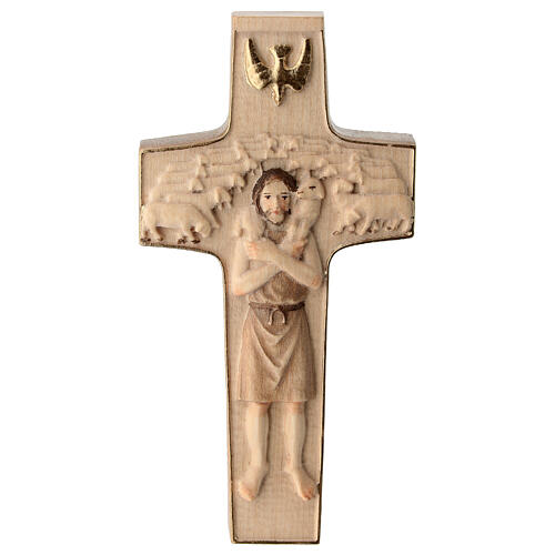 Cross with image of Pope Francis the Good Shepherd in wood burnished in 3 colours Valgardena 1