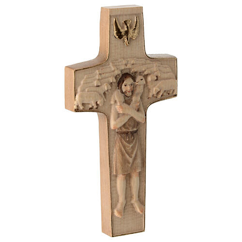 Cross with image of Pope Francis the Good Shepherd in wood burnished in 3 colours Valgardena 3