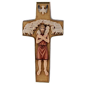Cross with image of Pope Francis the Good Shepherd in painted maple wood of Valgardena