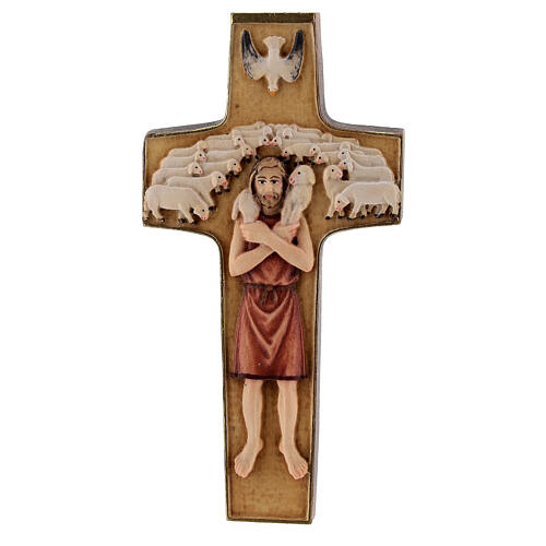 Cross with image of Pope Francis the Good Shepherd in painted maple wood of Valgardena 1