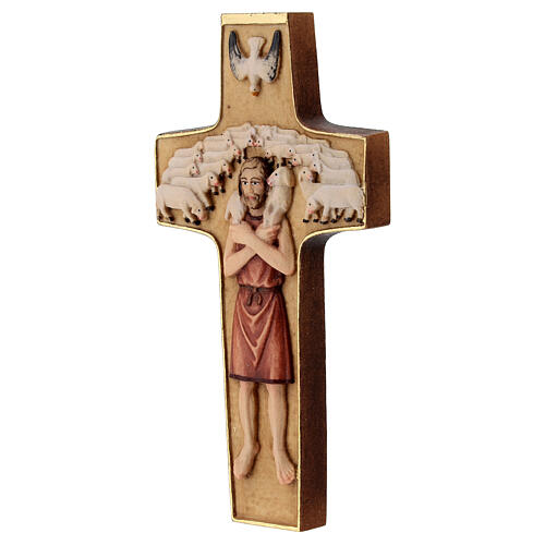 Cross with image of Pope Francis the Good Shepherd in painted maple wood of Valgardena 3