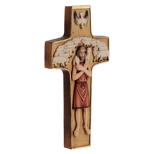 Cross with image of Pope Francis the Good Shepherd in painted maple wood of Valgardena 4