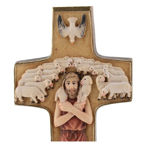 Cross with image of Pope Francis the Good Shepherd in painted maple wood of Valgardena 2