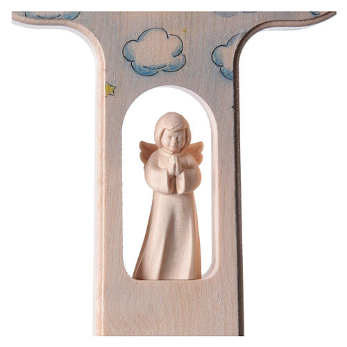 Wood cross with Angel and prayer, Val Gardena 21 cm FRENCH, blue 2