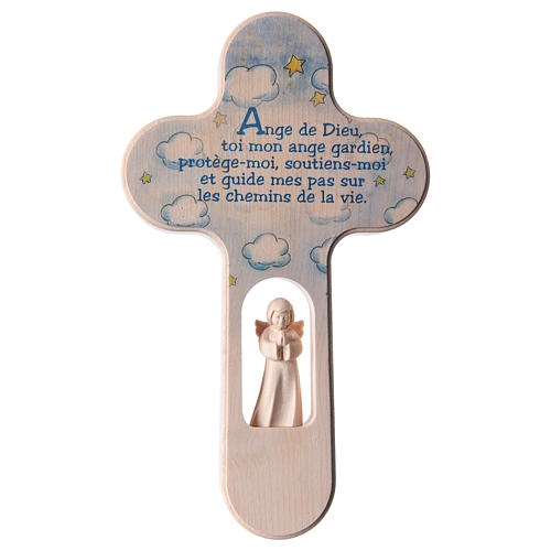 Wood cross with Angel and prayer, Val Gardena 21 cm FRENCH, blue 1