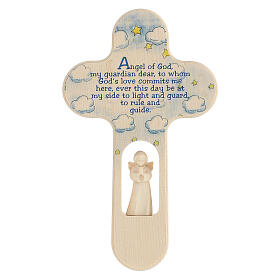 Wood cross with Angel and prayer, Val Gardena 21 cm ENGLISH, blue