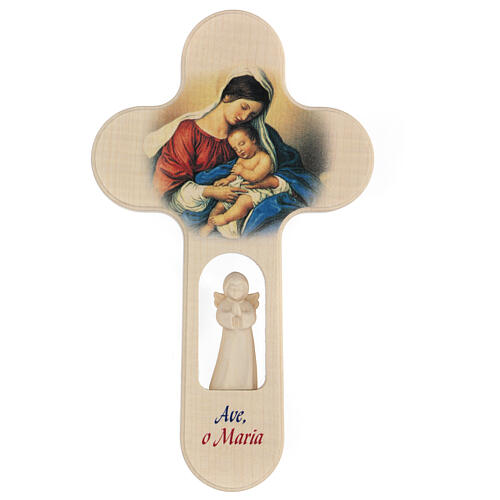 Wood cross with Angels, Hail Mary, Val Gardena 21 cm ITALIAN 1