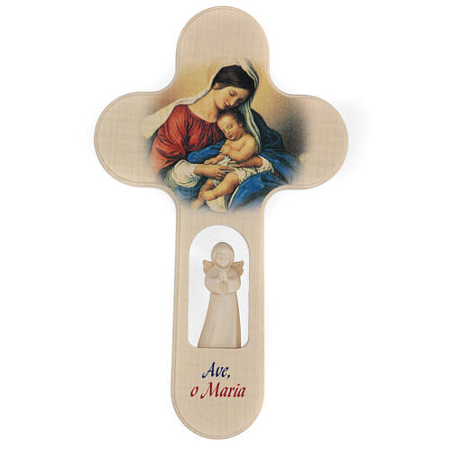 Wood cross with Angels, Hail Mary, Val Gardena 21 cm ITALIAN 2