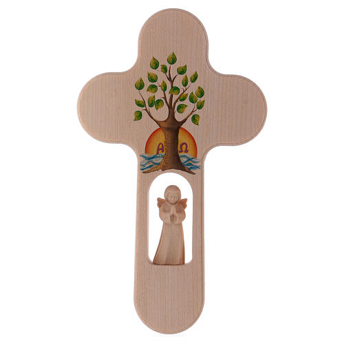 Wood cross with Angel and Tree of Life, burnished, Val Gardena 20 cm 1