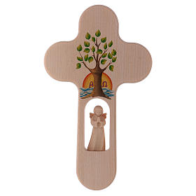 Cruz madeira Val Gardena brunida com Anjo Árvore da Vida 20 cm