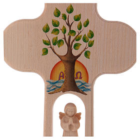 Cruz madeira Val Gardena brunida com Anjo Árvore da Vida 20 cm