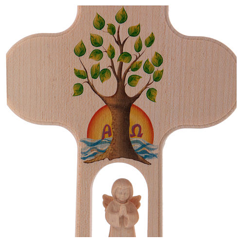 Cruz madeira Val Gardena brunida com Anjo Árvore da Vida 20 cm 2
