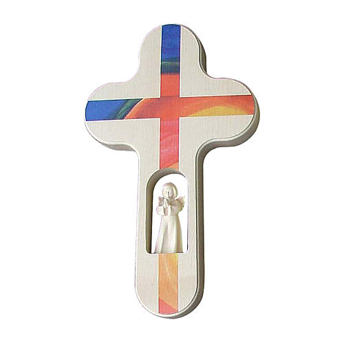 Wood cross with Angel and colored cross, burnished, Val Gardena 20 cm 1