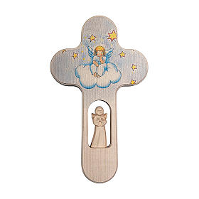 Crocifissi in legno: Croce legno Valgardena brunita con Angelo Stelle 20 cm