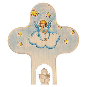 Wood cross with Angel and Stars, burnished, Val Gardena 20 cm