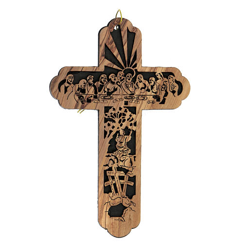 Kreuz aus Olivenbaumholz von Bethlehem mit Szene vom letzten Abendmahl und Kalvarienberg, 15 x 10 cm 1