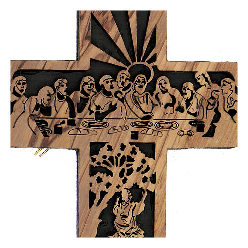 Kreuz aus Olivenbaumholz von Bethlehem mit Szene vom letzten Abendmahl und Kalvarienberg, 15 x 10 cm 2
