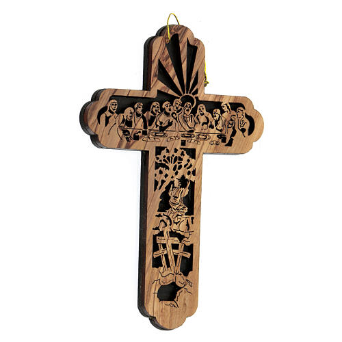 Kreuz aus Olivenbaumholz von Bethlehem mit Szene vom letzten Abendmahl und Kalvarienberg, 15 x 10 cm 3