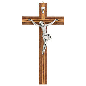 Crucifix with silver-plated body of Christ, walnut and olivewood, 25 cm