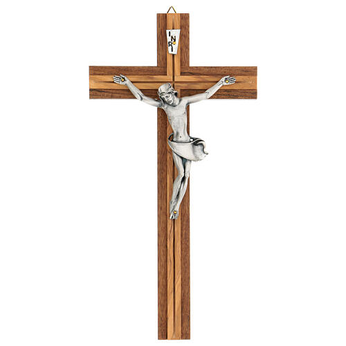 Crucifix with silver-plated body of Christ, walnut and olivewood, 25 cm 1