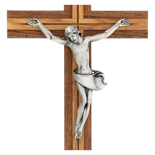 Crucifix with silver-plated body of Christ, walnut and olivewood, 25 cm 2