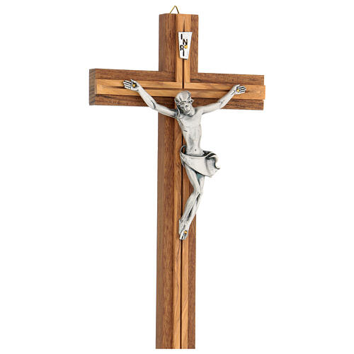 Crucifix with silver-plated body of Christ, walnut and olivewood, 25 cm 4