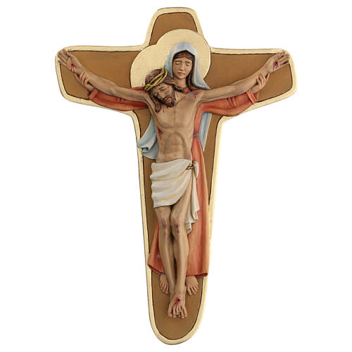 Crucifix Sainte Vierge soutenant Christ bois couleurs à l'huile 35x25x5 cm, Pérou 1