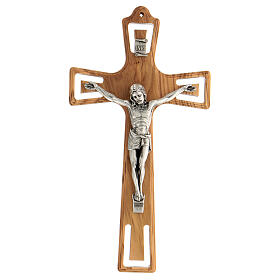 Olivewood crucifix with metallic body of Christ 15 cm