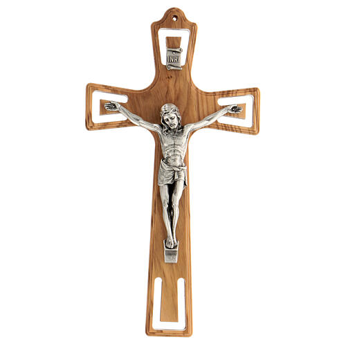 Olivewood crucifix with metallic body of Christ 15 cm 1