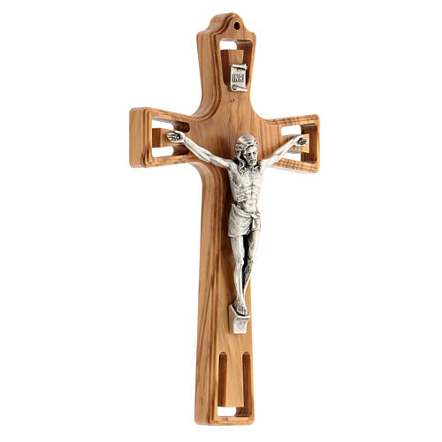 Olivewood crucifix with metallic body of Christ 15 cm 2