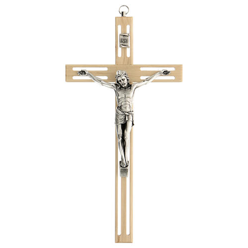Kruzifix aus gelochtem Holz mit Christuskőrper aus Metall, 25 cm 1