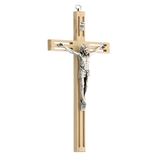 Crucifixo em madeira perfurada com corpo metálico de 25 cm 2