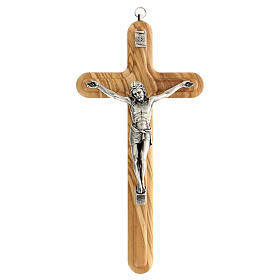 Abgerundetes Kruzifix aus Olivenbaumholz mit Christuskőrper aus Metall, 25 cm