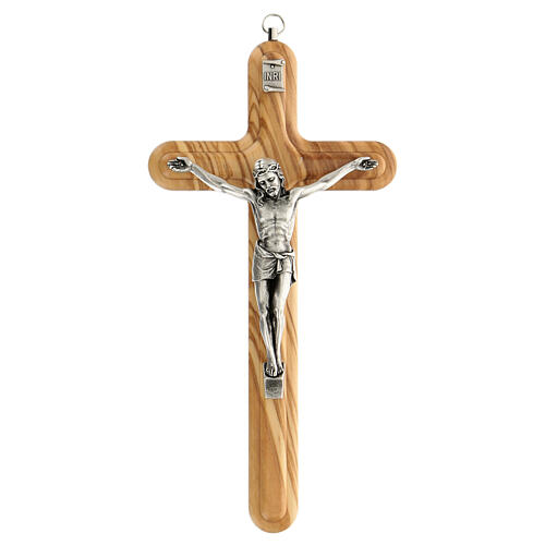 Abgerundetes Kruzifix aus Olivenbaumholz mit Christuskőrper aus Metall, 25 cm 1