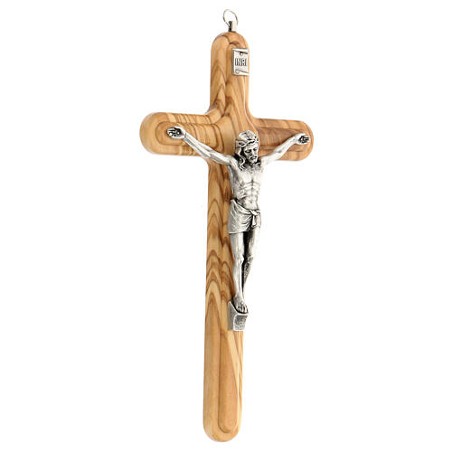 Abgerundetes Kruzifix aus Olivenbaumholz mit Christuskőrper aus Metall, 25 cm 2