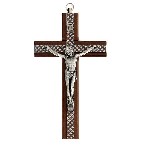 Wood crucifix with plexiglass inserts and metallic body of Christ 15 cm 1