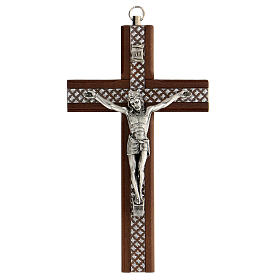 Krucyfiks drewno, wstawki z pleksiglas, Ciało Chrystusa metalowe, 15 cm