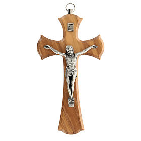 Bell-mouthed olivewood crucifix with metallic body of Christ 15 cm
