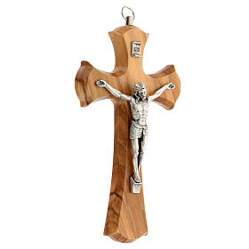 Bell-mouthed olivewood crucifix with metallic body of Christ 15 cm