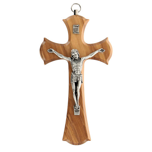 Bell-mouthed olivewood crucifix with metallic body of Christ 15 cm 1